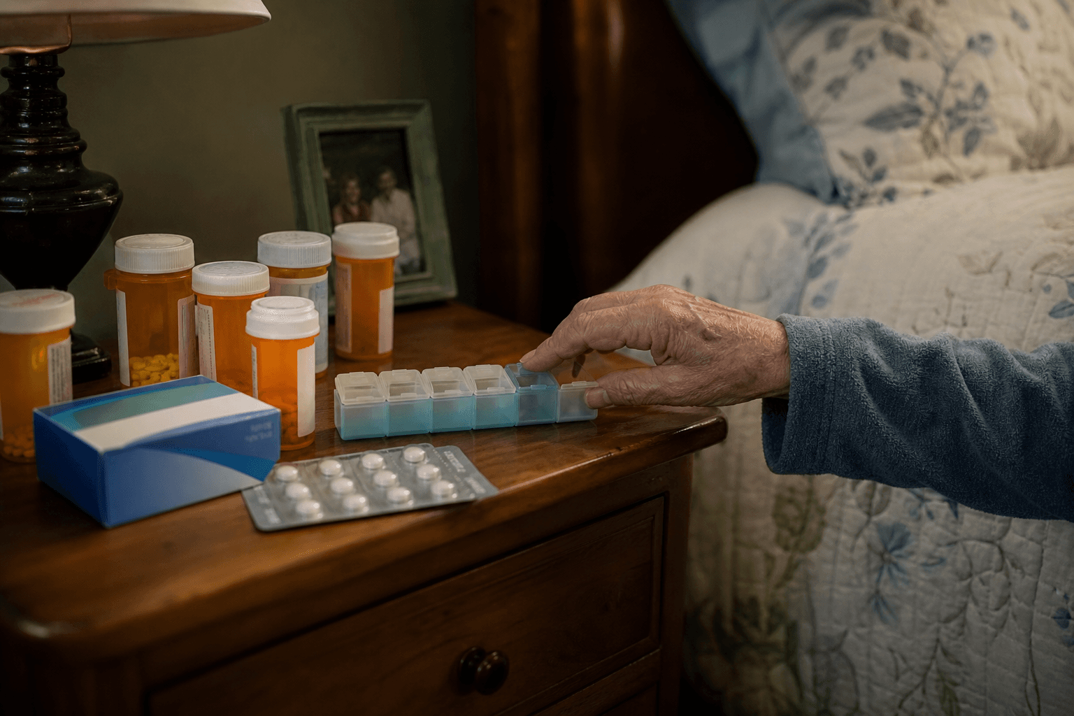 An elderly person's hand reaches toward a weekly pill organizer on a nightstand, surrounded by unlabeled prescription bottles, a blister pack, and a generic OTC sleep aid box.