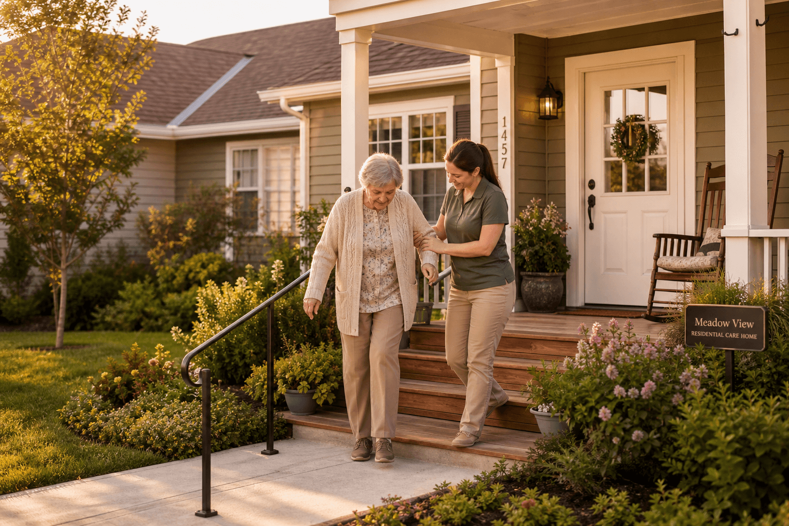 A warm residential single-family home converted into a care home, with a wooden porch, rocking chair, white front door, flowering shrubs, and a caregiver gently helping an older woman up the front steps with a black metal grab rail, in soft golden late afternoon sunlight.