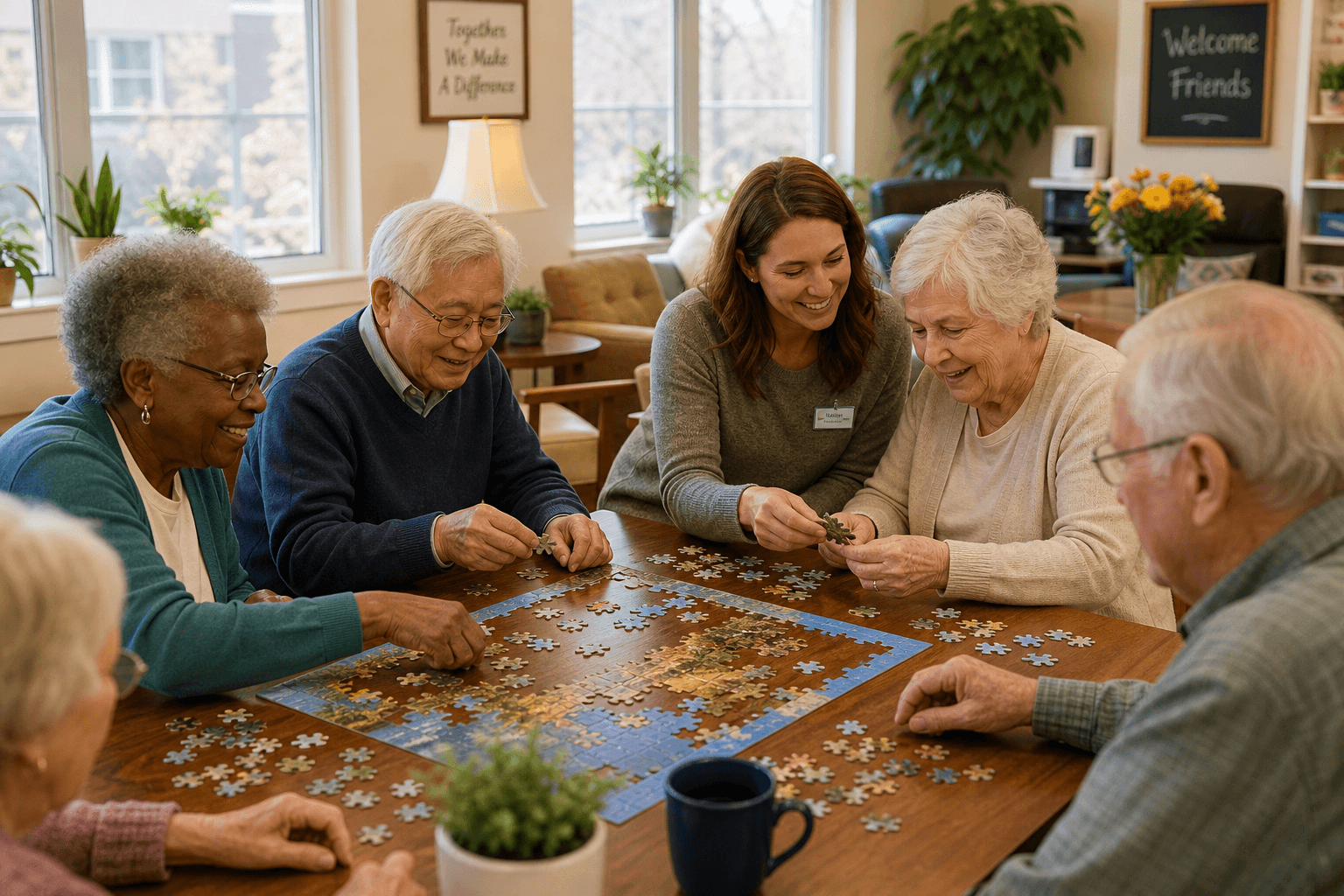 A diverse group of older adults seated around a wooden table working together on a large jigsaw puzzle in a bright, homelike adult day center with natural light from windows, plants, and comfortable chairs, while a staff member in casual attire smiles and assists one participant