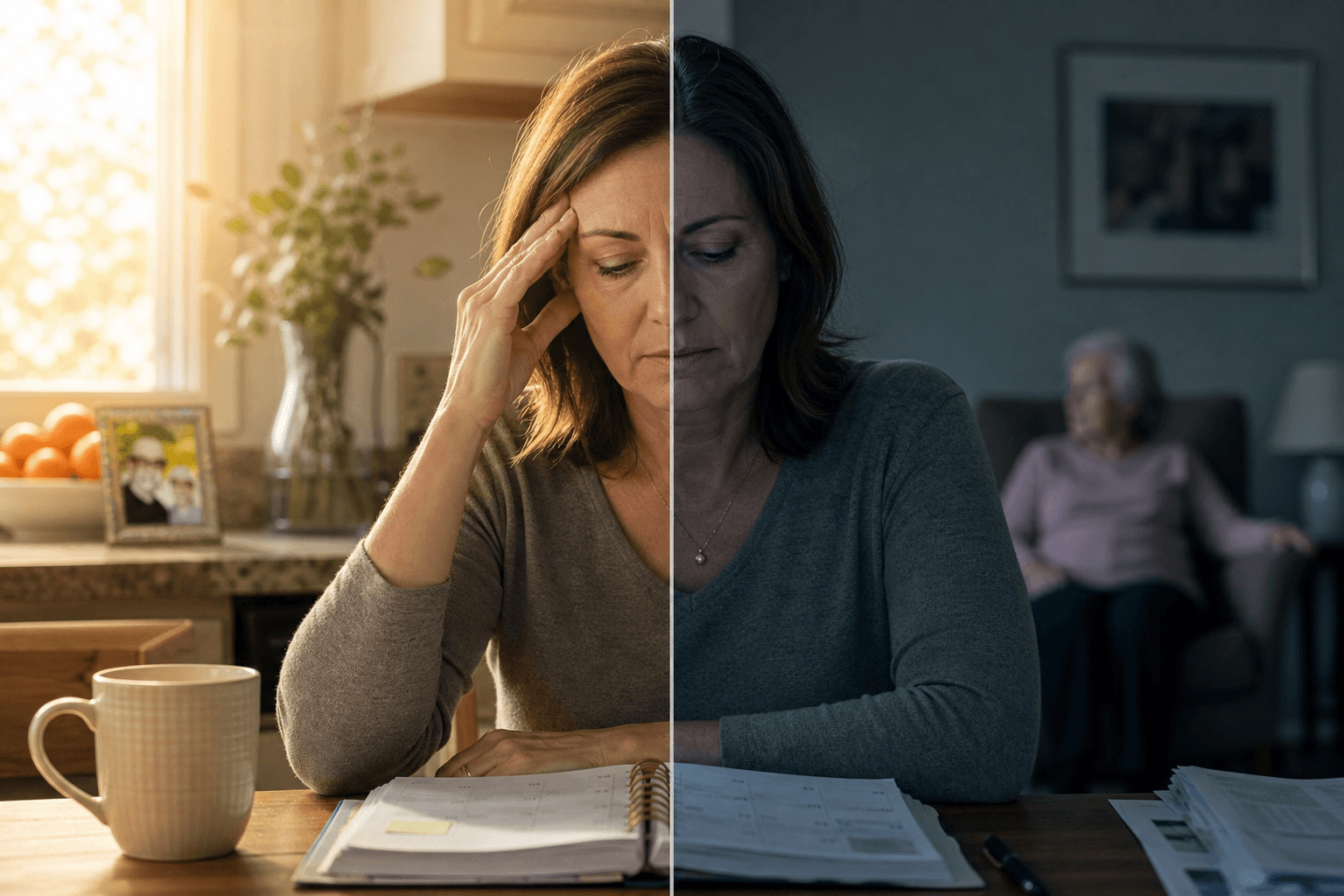 A middle-aged woman caregiver sits at a kitchen table with an open planner and coffee mug, one hand resting near her temple. In the softly blurred background, an older adult sits in a chair. The left side of the composition has warm morning light, while the right side transitions to muted cooler tones with a slightly slumped posture.