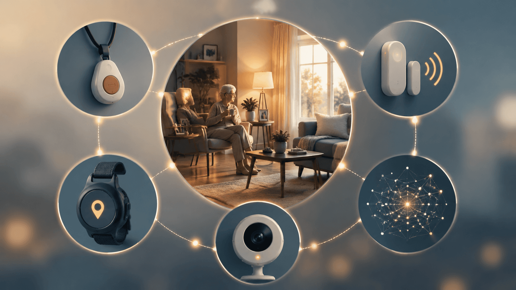 Illustration of five elderly monitoring categories arranged around a home scene