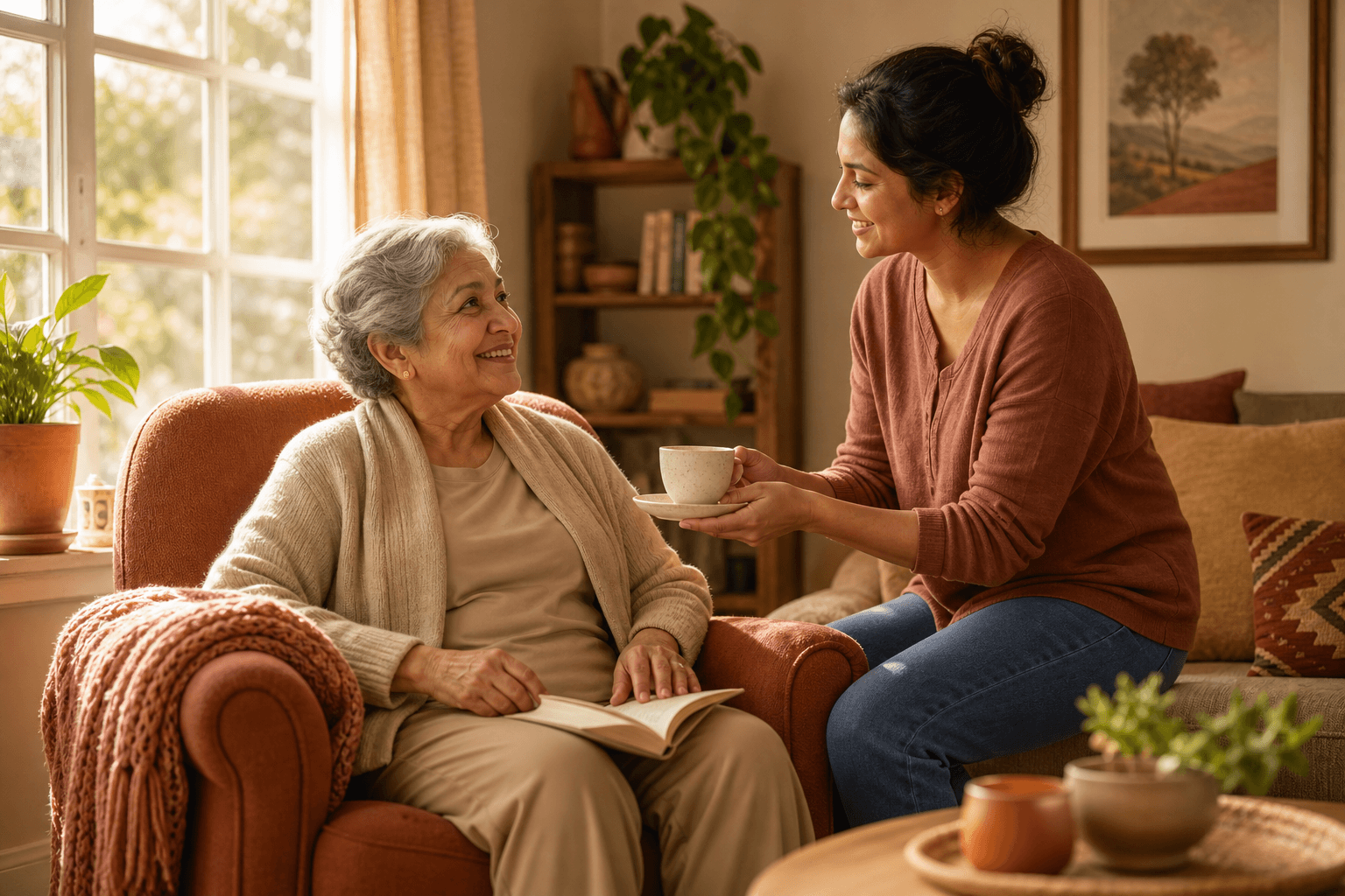 An older adult seated in a cozy armchair with a live-in caregiver nearby offering a cup of tea in a warmly lit living room.
