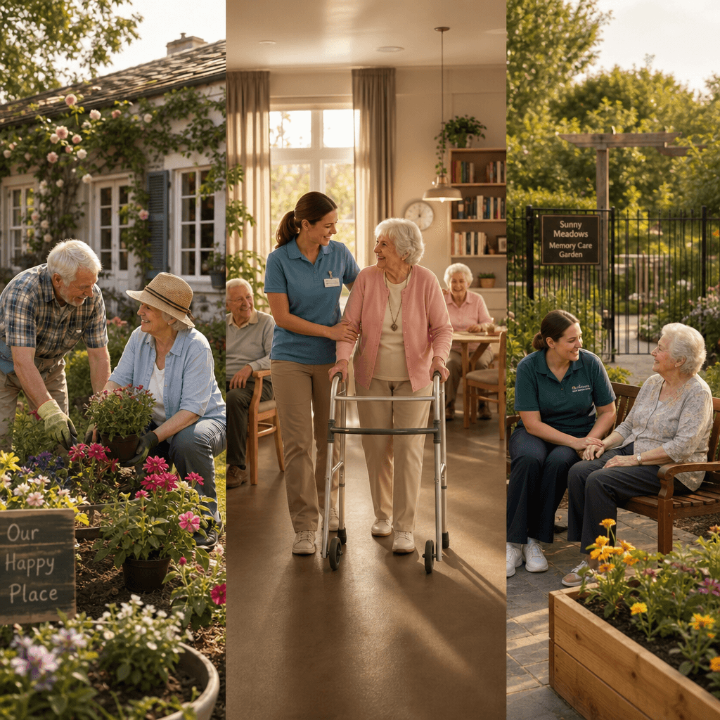 A warm photorealistic scene showing three stages of senior residential care in a single landscape: left, an older couple gardening outside a sunlit cottage; center, a caregiver helping a woman with a walker in a bright common room with other residents; right, a secured garden with raised flower beds and a staff member sitting with a resident.