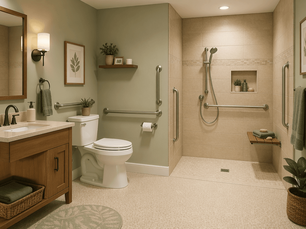 Senior-safe bathroom featuring grab bars near a comfort-height toilet and inside a curbless walk-in shower with no step threshold, non-slip textured flooring, a handheld shower head, and soft warm lighting.