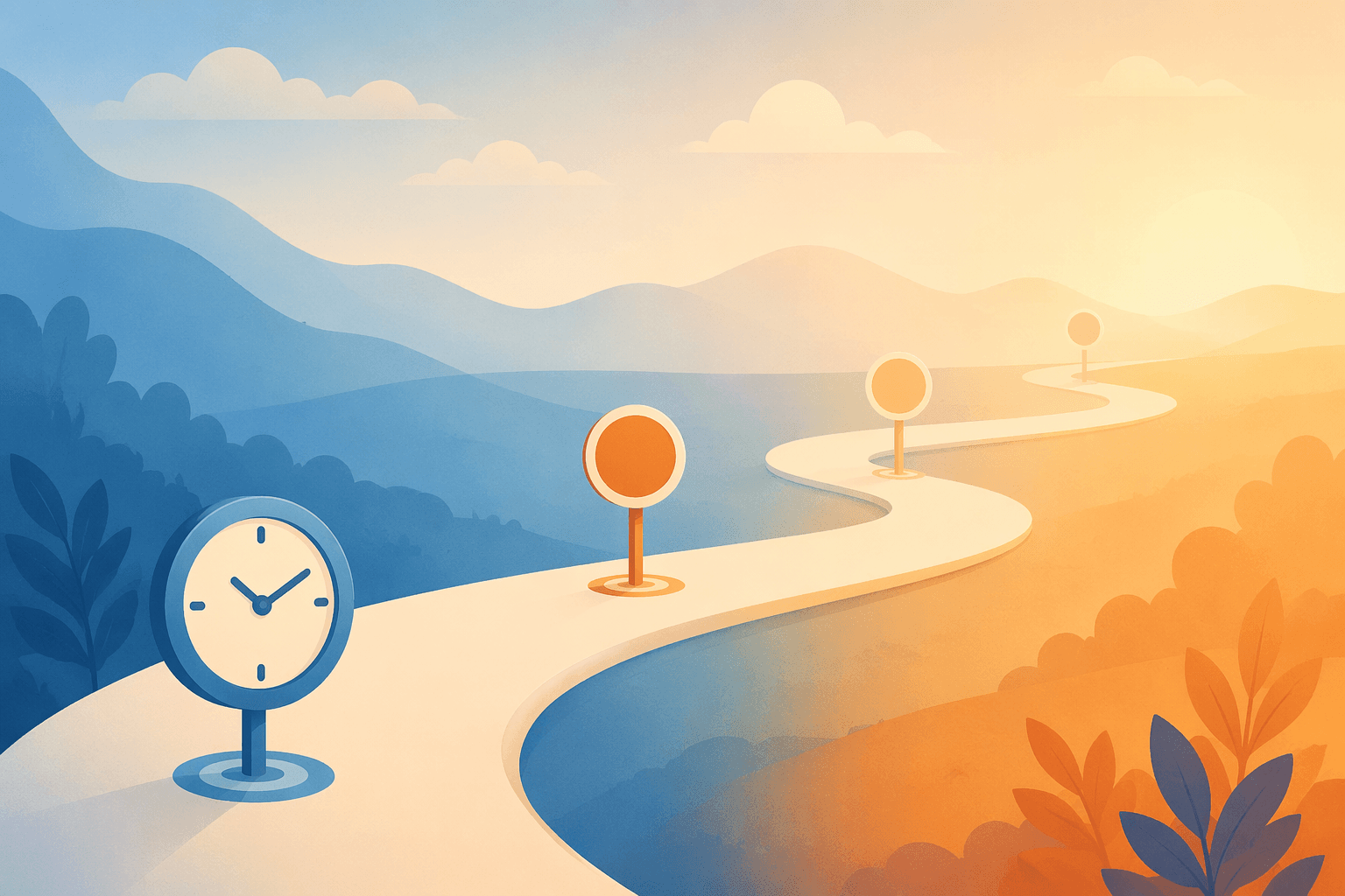 An abstract flat illustration of a winding path from left to right with a clock marker at the start and three progressively faded milestone markers along the route, visually representing different application wait times for care funding programs.
