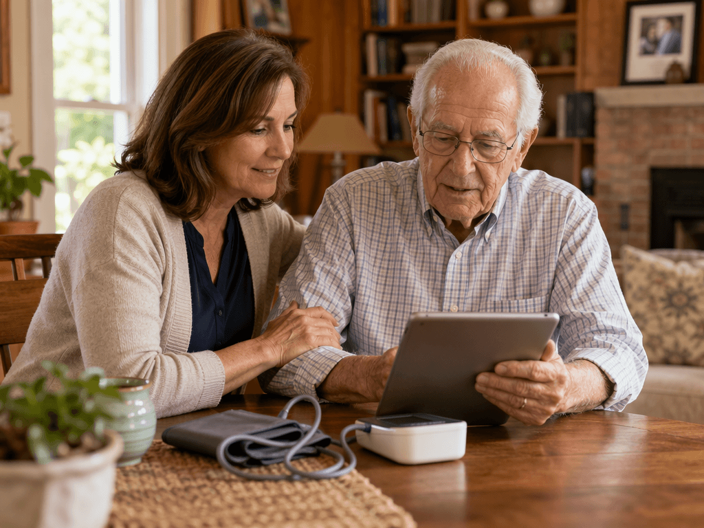 An adult daughter and her elderly father sitting together at a home dining table looking at a tablet, with a blood pressure cuff and small medical device on the table; soft natural window light and warm wood tones create a supportive, collaborative family caregiving atmosphere.