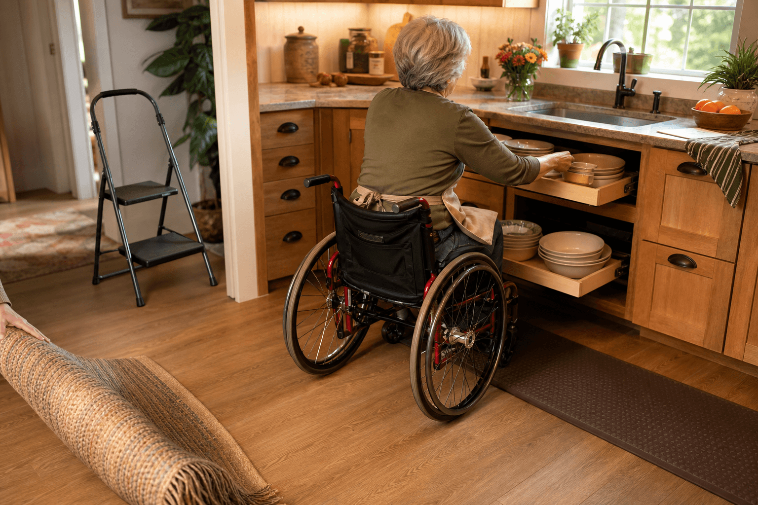 A bright, warm kitchen with an older adult seated at a counter preparing food at waist height, with non-slip mat near sink, task lighting, and a step stool with handrail in the background.