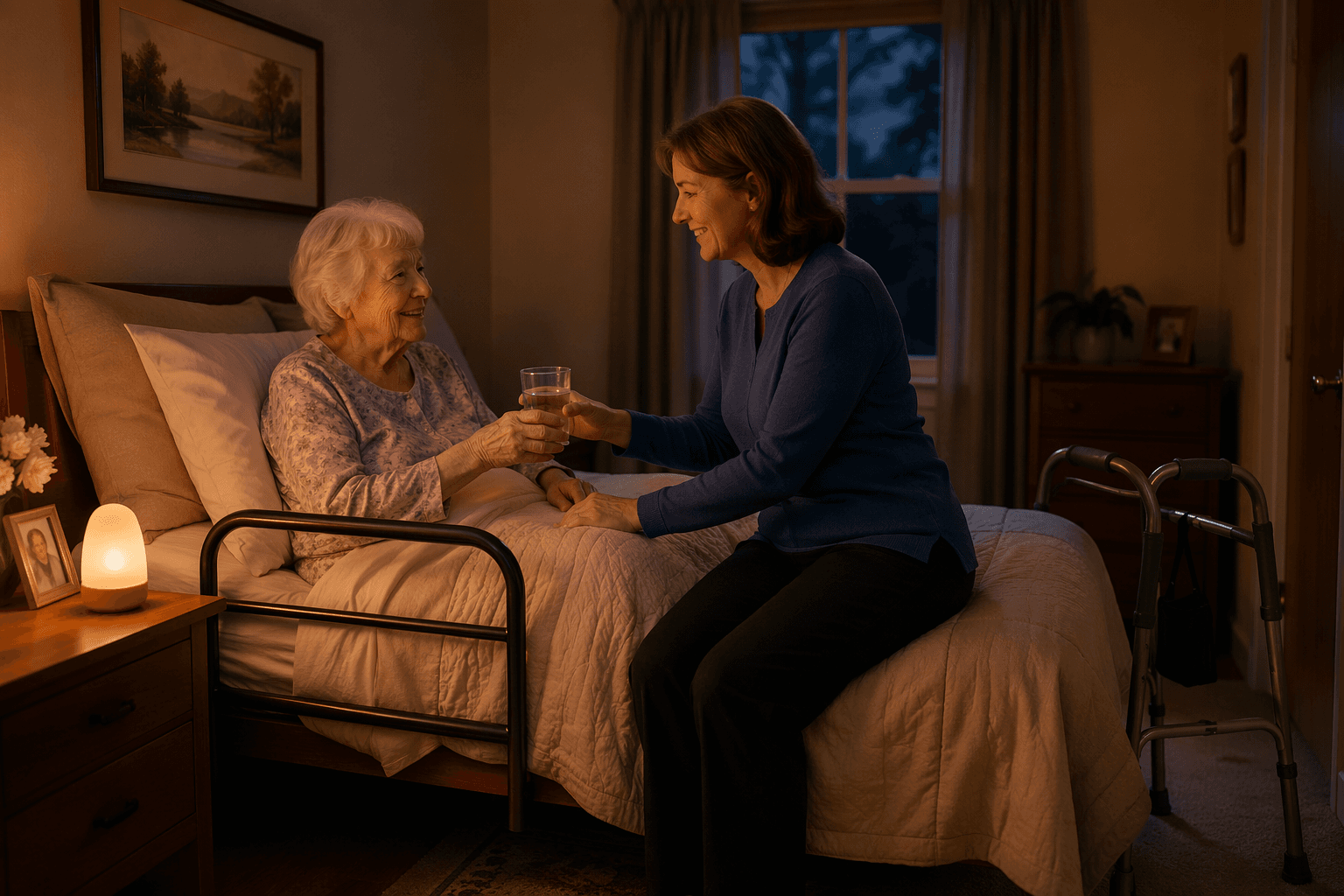 A warm nighttime bedroom scene with an elderly woman sitting up in bed while a female caregiver sits beside her, gently offering a glass of water.