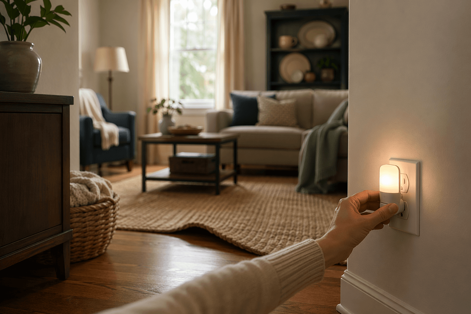 A hand plugging in a night-light near a floor-level outlet in a living room with a loose rug, dim corner, and high shelving in the background
