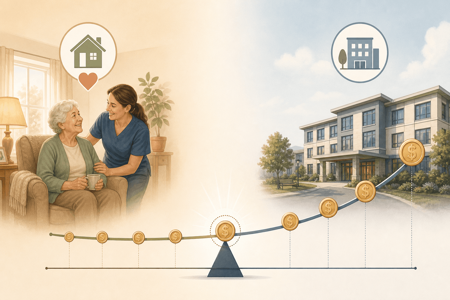 An editorial illustration showing a cost tipping point concept: a glowing home scene on the left and a modern assisted living building on the right, with a balanced scale at the center.