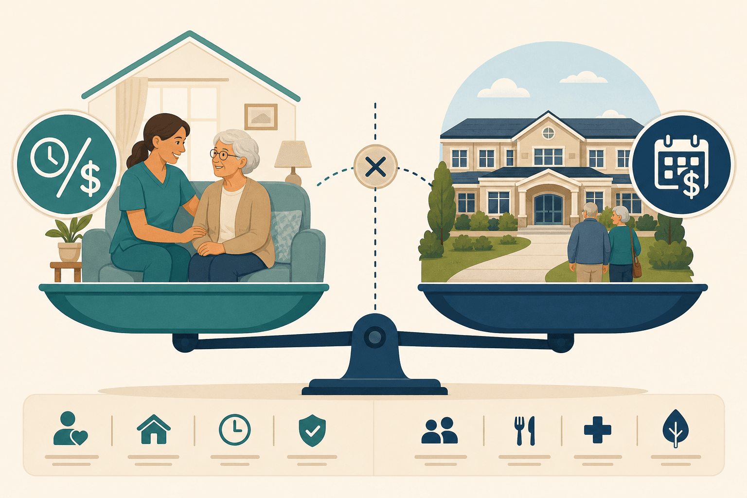 Side-by-side editorial illustration comparing in-home care (an older adult with a caregiver and an hourly cost badge) and assisted living (a residential building with a monthly cost badge), with a visual cue suggesting a cost threshold between the two, in warm teal and navy flat vector style.