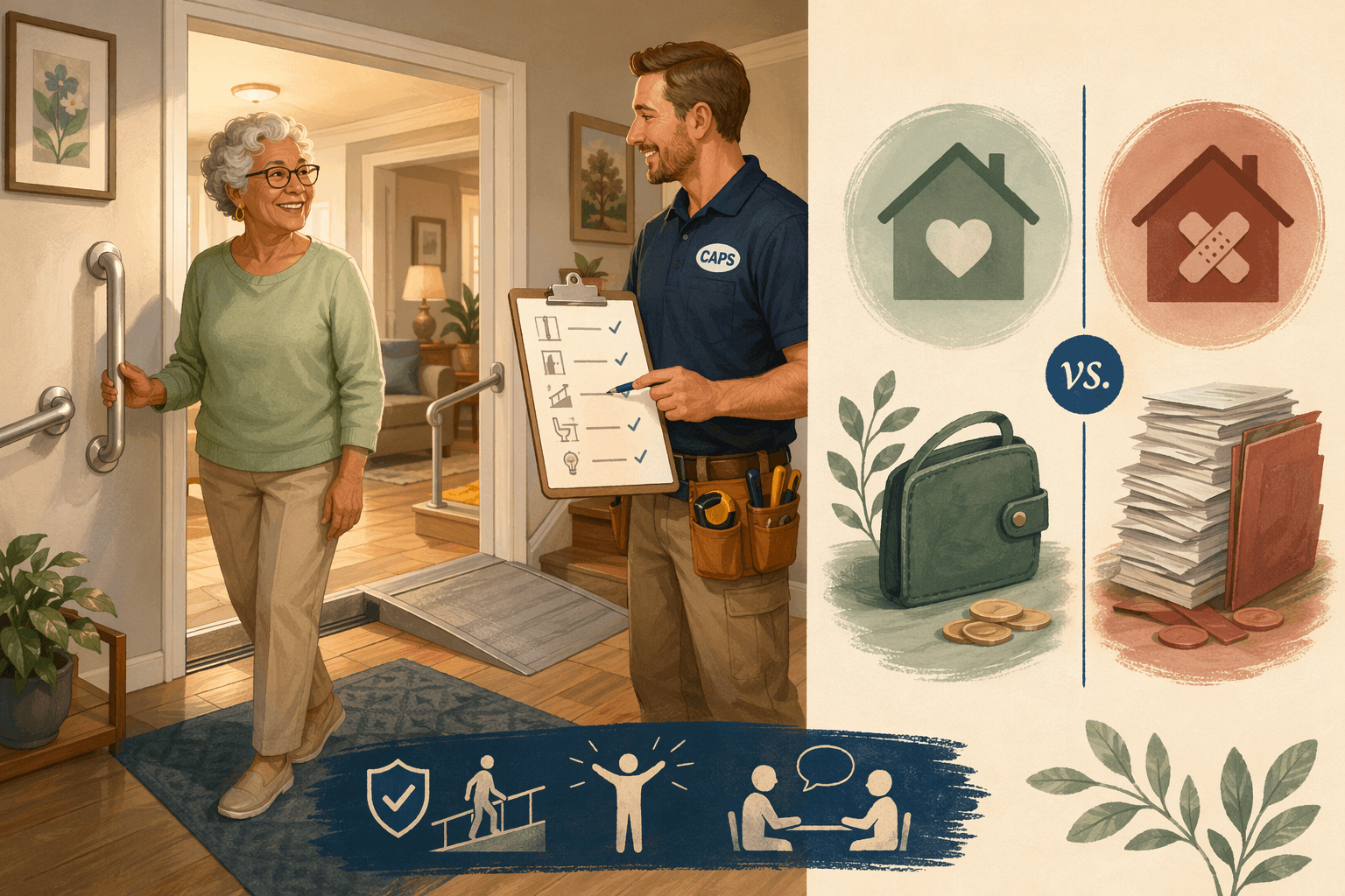 Split-scene illustration: left side shows a confident older adult in a modified home with grab bars, wider doorway, and ramp, with a CAPS-certified professional holding a clipboard; right side shows a conceptual cost comparison using visual metaphors.