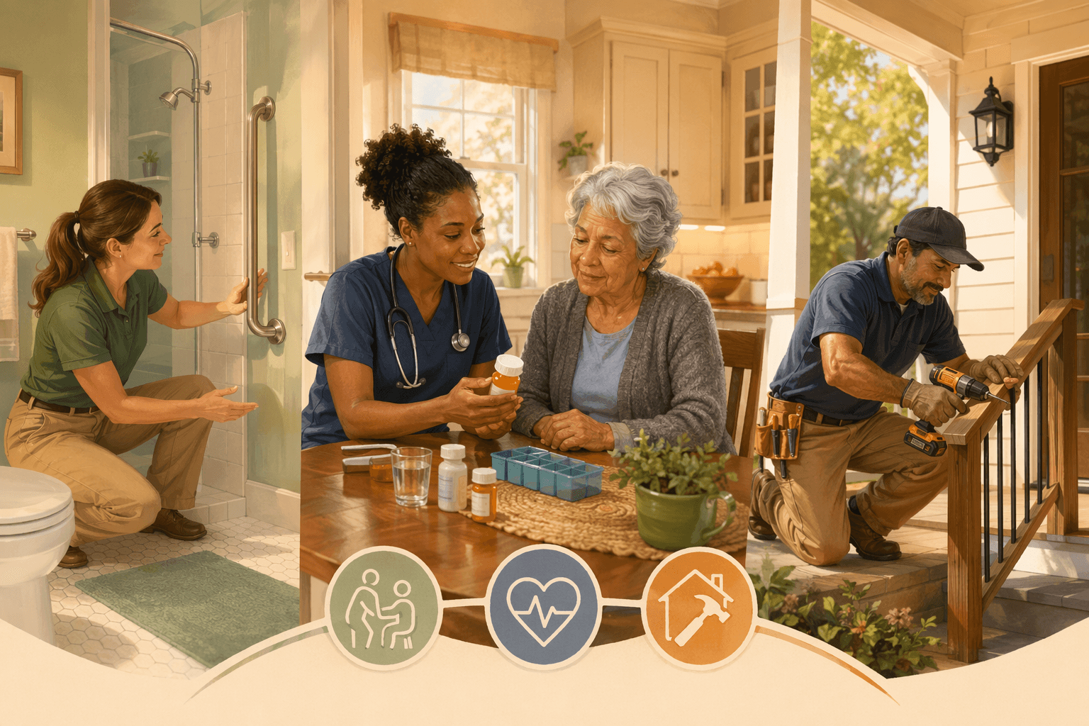 An editorial illustration of three professionals collaborating around an older adult at home: an occupational therapist assessing a bathroom grab bar, a nurse reviewing medication at the kitchen table, and a construction specialist installing a porch handrail.