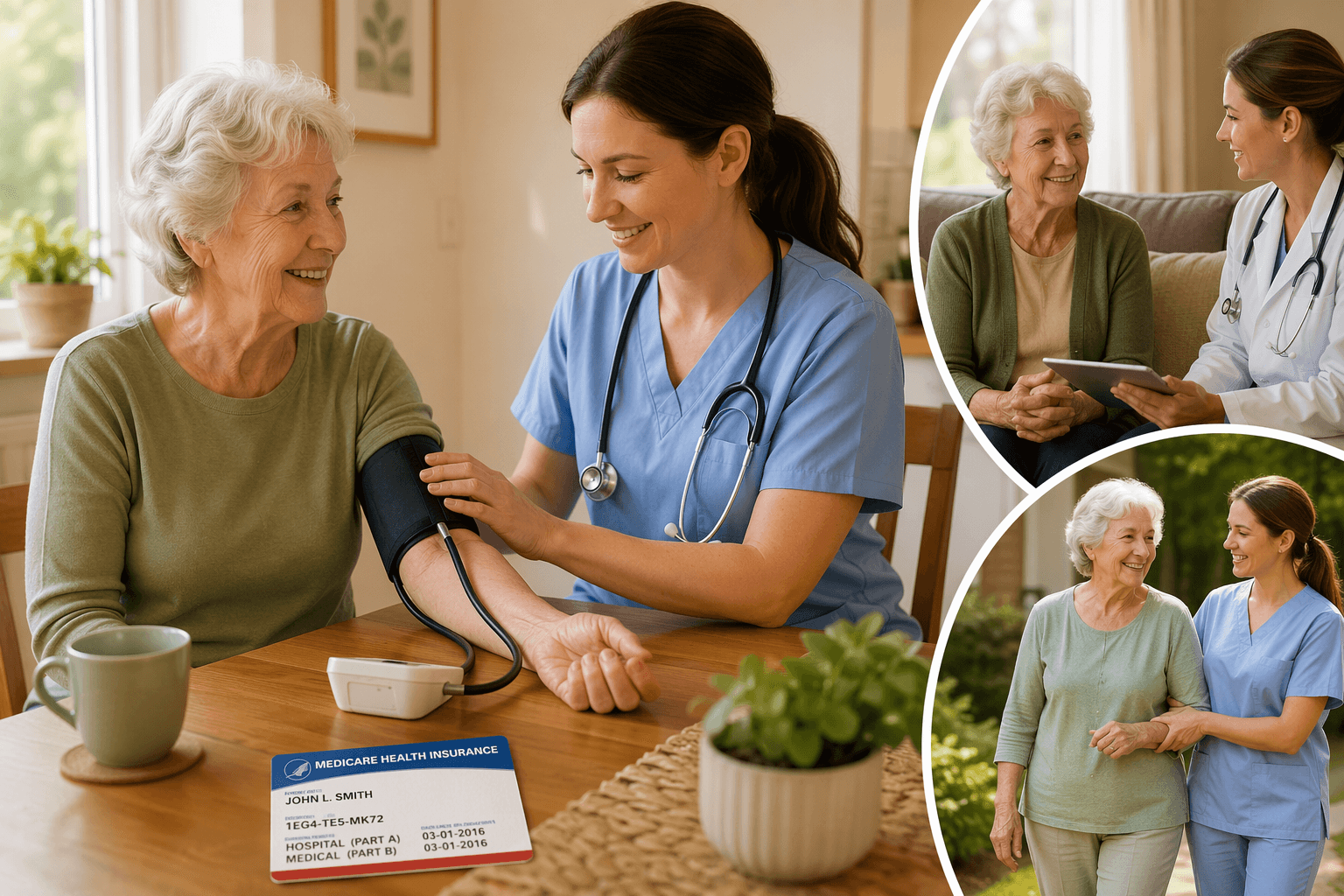 A warm kitchen table scene with a Medicare card on the table and a home health nurse in a blue uniform taking the blood pressure of a smiling older adult woman seated comfortably, with a houseplant and soft cream walls in the background.