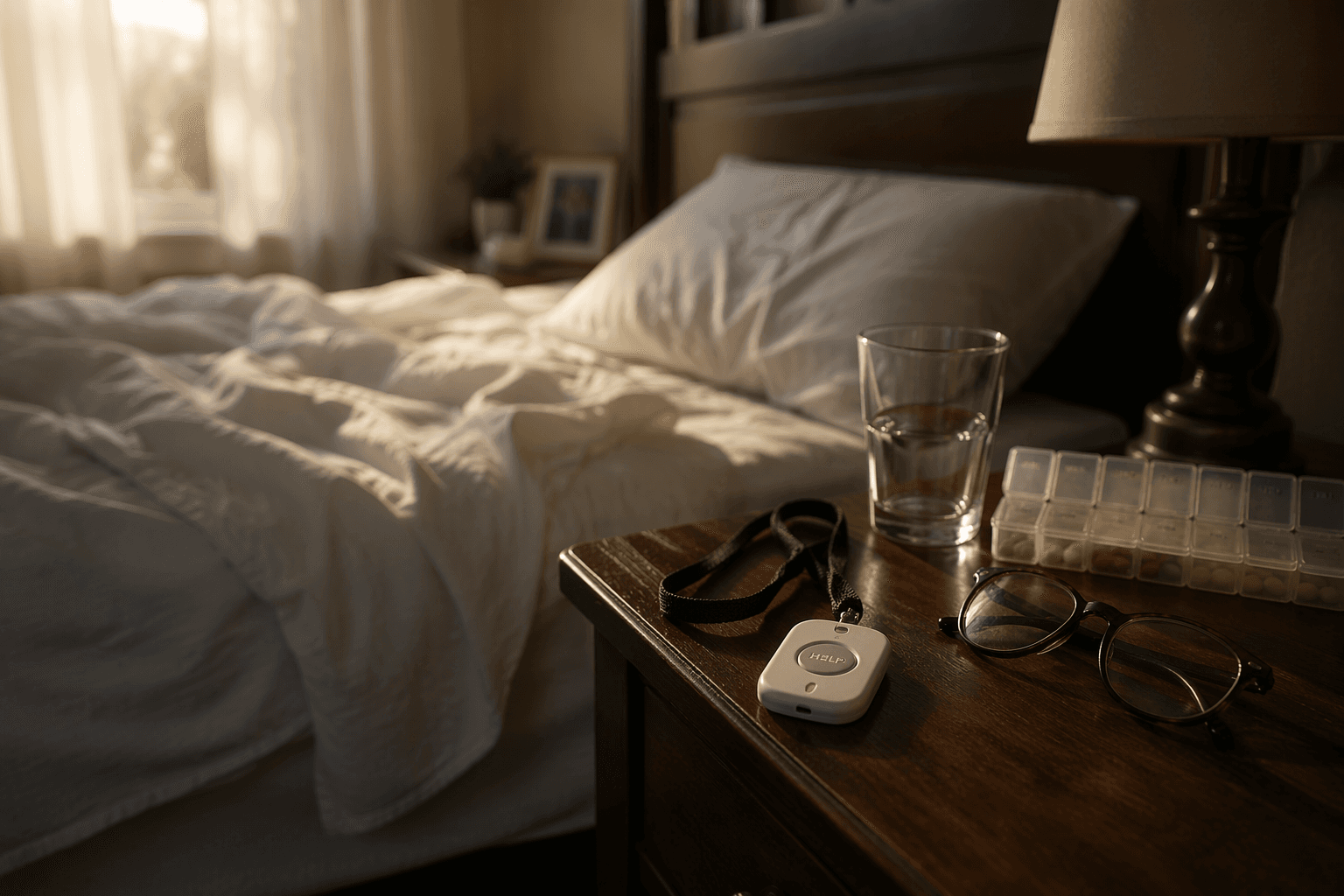 A medical alert pendant sitting unused on a wooden nightstand beside glasses, water, and a pill organizer