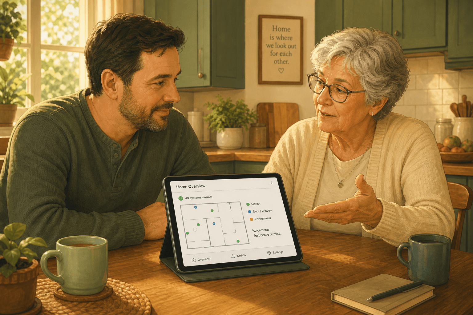 An adult child and an aging parent sit at a sunlit kitchen table, a tablet between them showing a simple ambient sensor interface. The parent gestures toward the tablet with a thoughtful expression, the adult child leans in attentively — conveying a collaborative, trust-preserving conversation about monitoring technology.