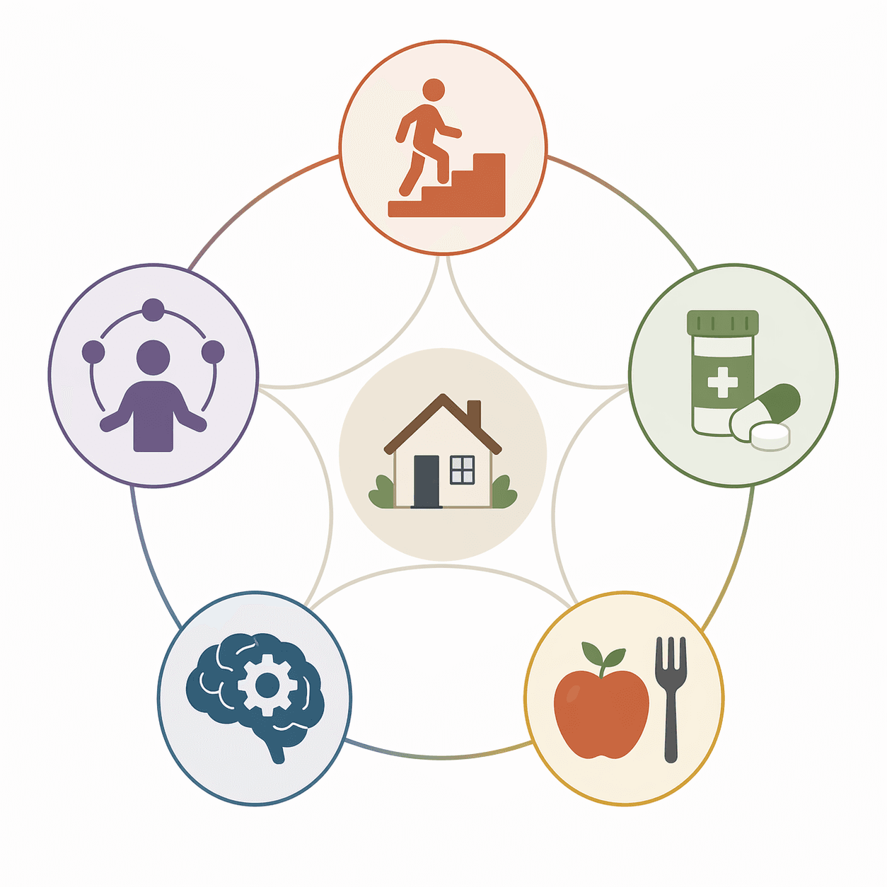 Diagram of five interconnected aging-in-place safety domains around a home icon: physical safety, medication management, nutrition and hygiene, cognitive function, and social wellbeing
