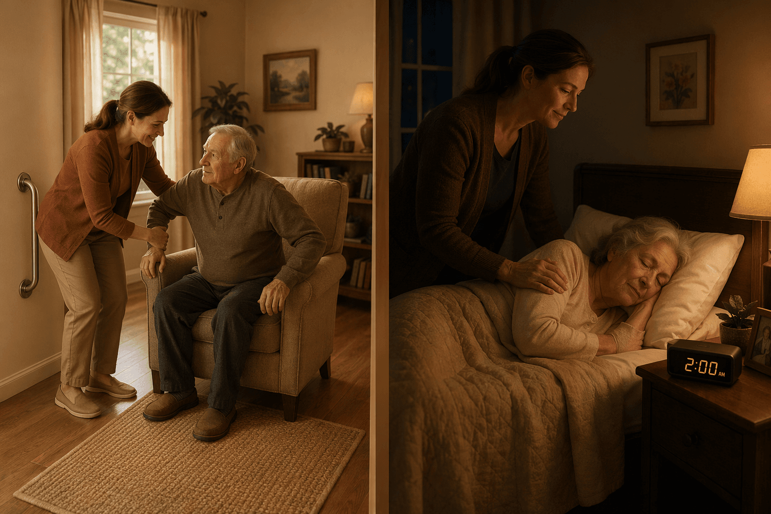 Split-composition illustration showing a caregiver assisting an older adult from a chair in a warm living room on the left, and a caregiver awake at 2:00 AM quietly checking on a sleeping senior in a dimly lit bedroom on the right.