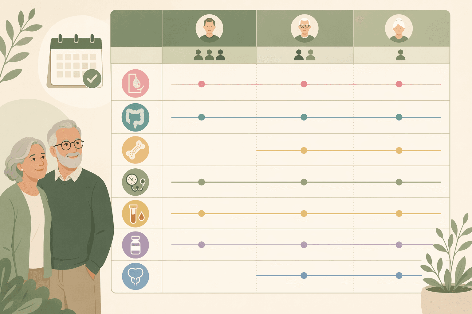 A flat illustration of a preventive health screening calendar showing three age brackets (50–64, 65–69, 70+) with small colored icons arranged along a timeline. Icons represent a mammogram, colonoscopy, bone density scan, blood pressure check, cholesterol test, vaccination vial, and prostate exam.