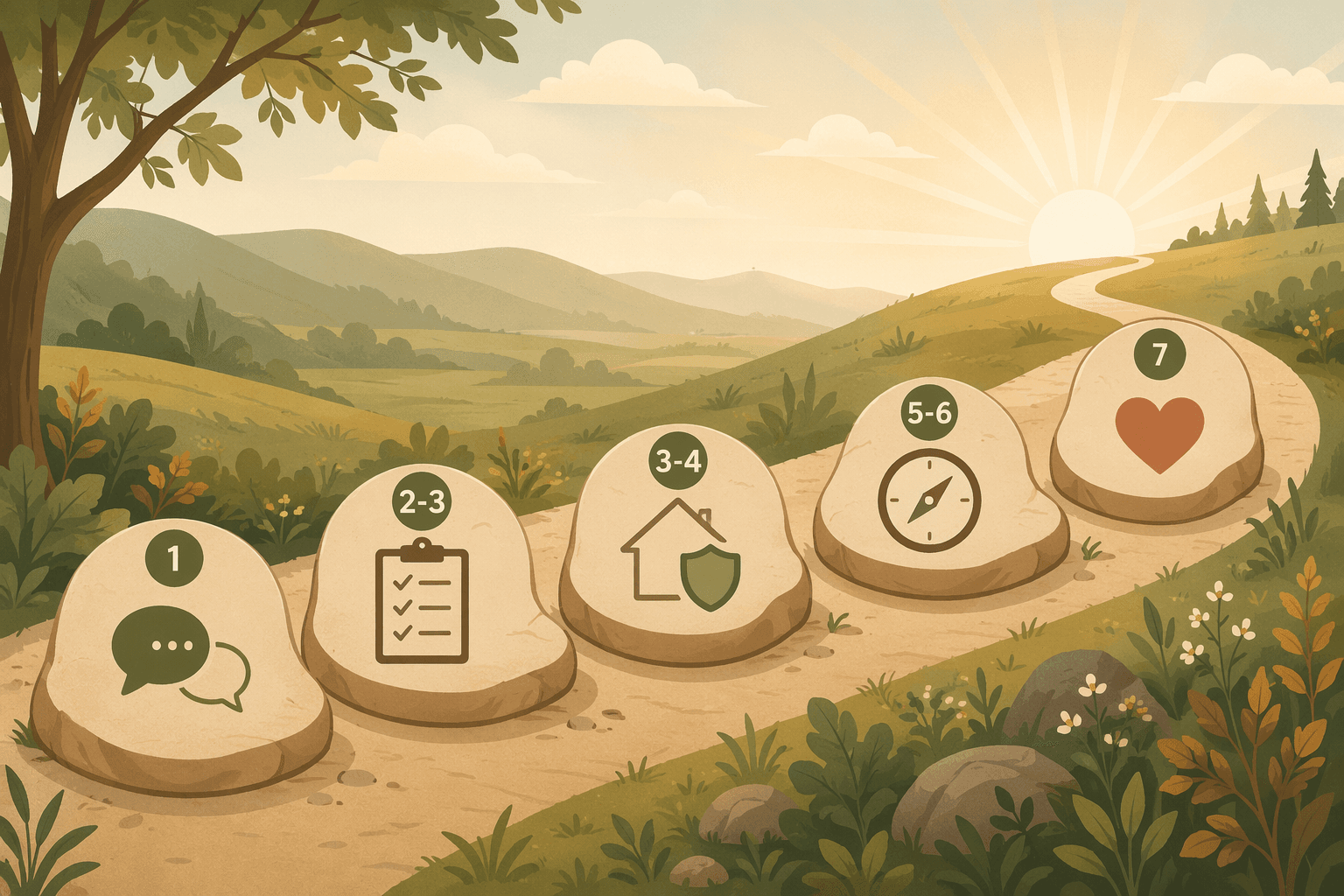 Seven stepping stones arranged left to right across a warm landscape, each with a small icon representing a daily caregiving task, gentle uphill path toward a calm horizon, flat illustration in earth tones.
