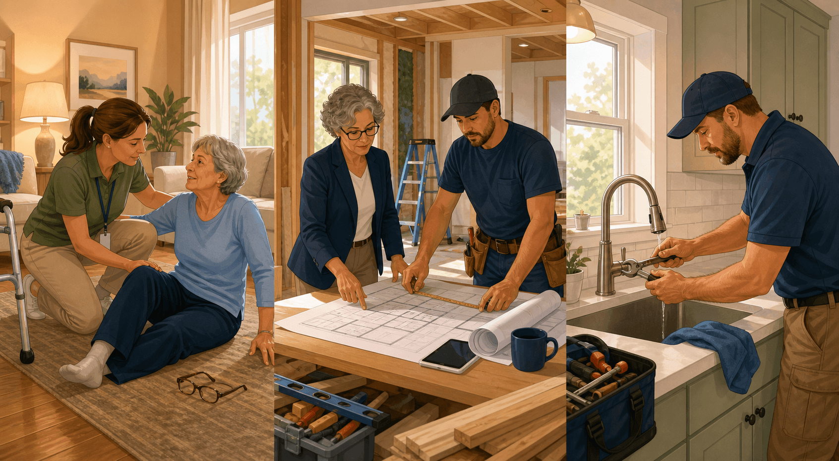 A horizontal triptych illustration showing three home scenarios: on the left, an older adult who has fallen receives support from an occupational therapist; in the center, a CAPS specialist and contractor work with blueprints at a renovation site; on the right, a contractor performs a simple kitchen faucet repair.