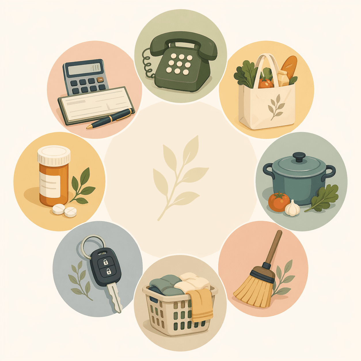 Illustration of eight instrumental activities of daily living including phone, shopping, cooking, cleaning, laundry, transportation, medication, and finances