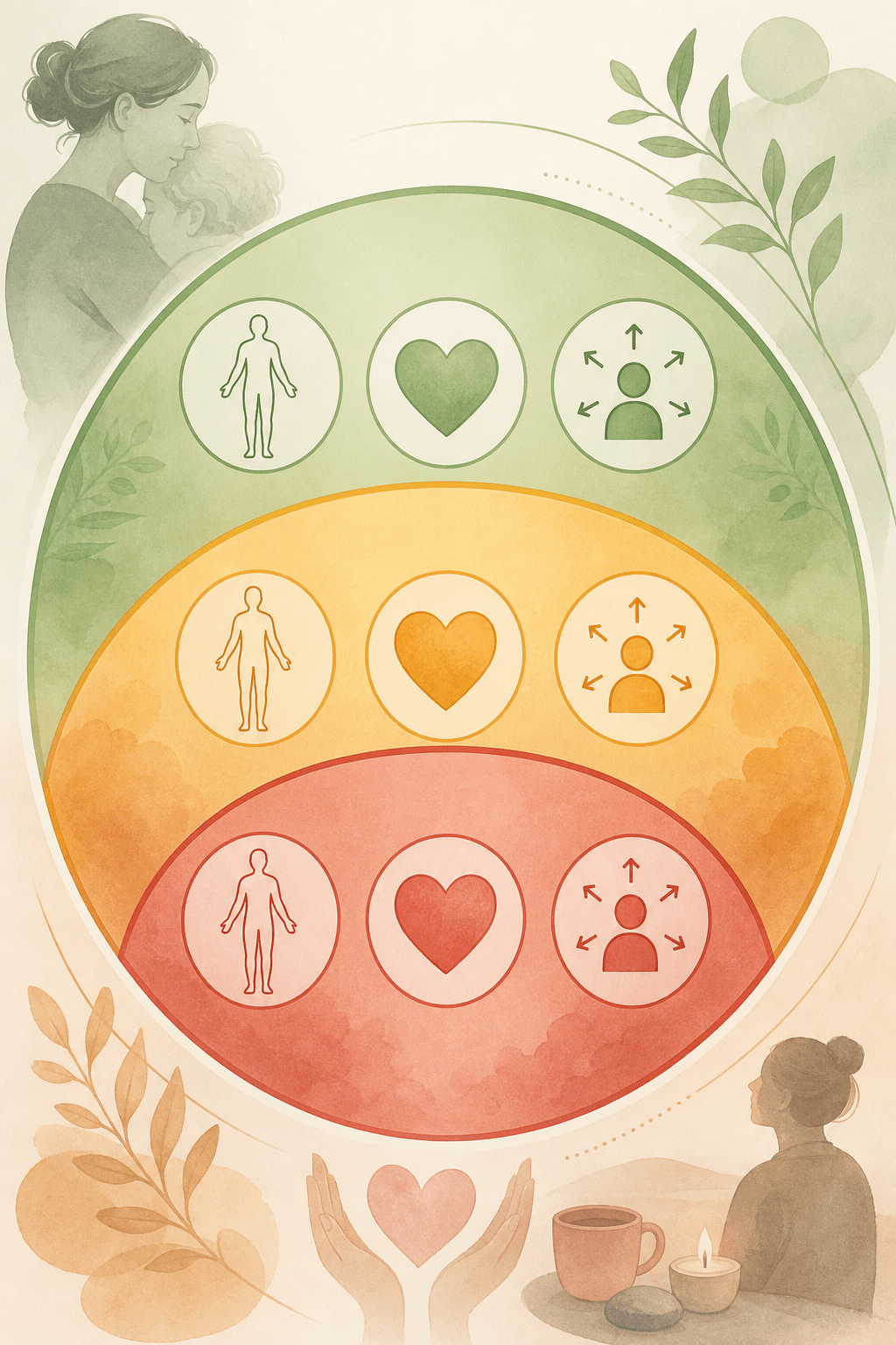 Editorial infographic-style illustration with three colored zones arranged vertically: a green lower zone, an amber middle zone, and a red upper zone. Small abstract icons float within each zone representing physical, emotional, and behavioral assessment domains.