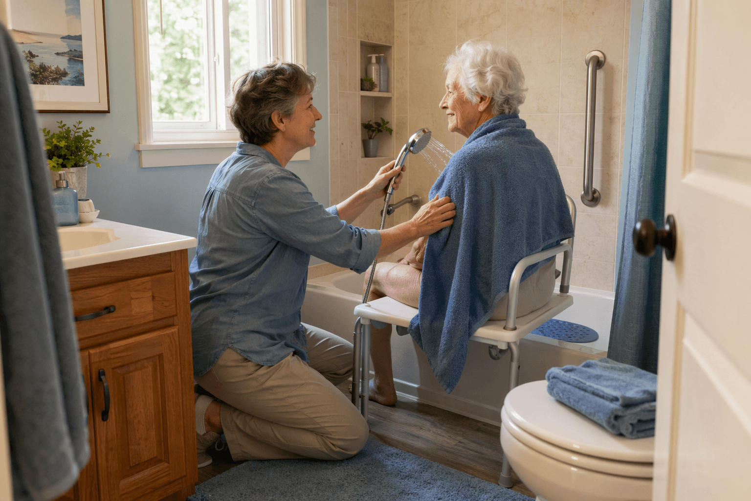 An adult child caregiver kneels beside a bathtub, steadying a handheld showerhead while an older adult sits on a transfer bench with a towel over their shoulders. A grab bar and non-slip mat are visible.