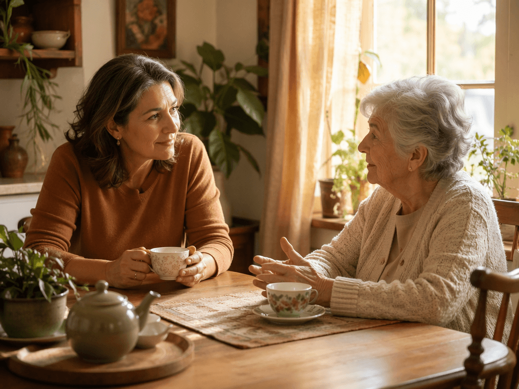 An adult child and elderly parent sitting at a kitchen table having a calm conversation over cups of tea, with warm afternoon light through a window.