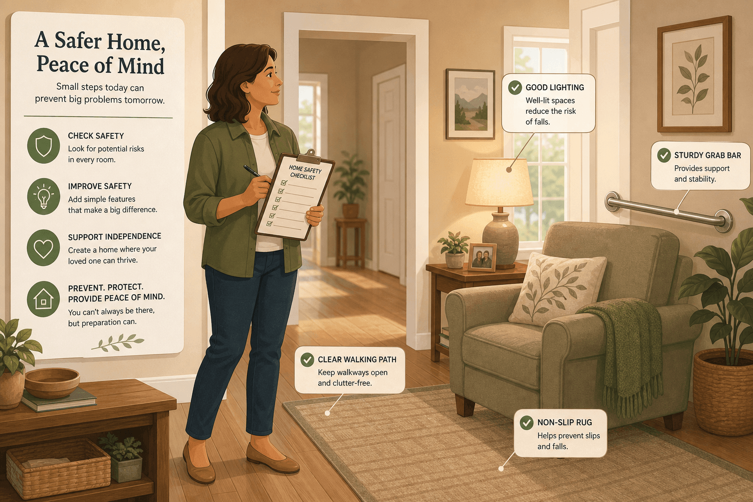 An editorial illustration of an adult child caregiver standing in a warmly lit living room holding a clipboard checklist, looking around the space. Visible safety features include a grab bar near an armchair, a clear walking path, a non-slip rug, and good lighting.