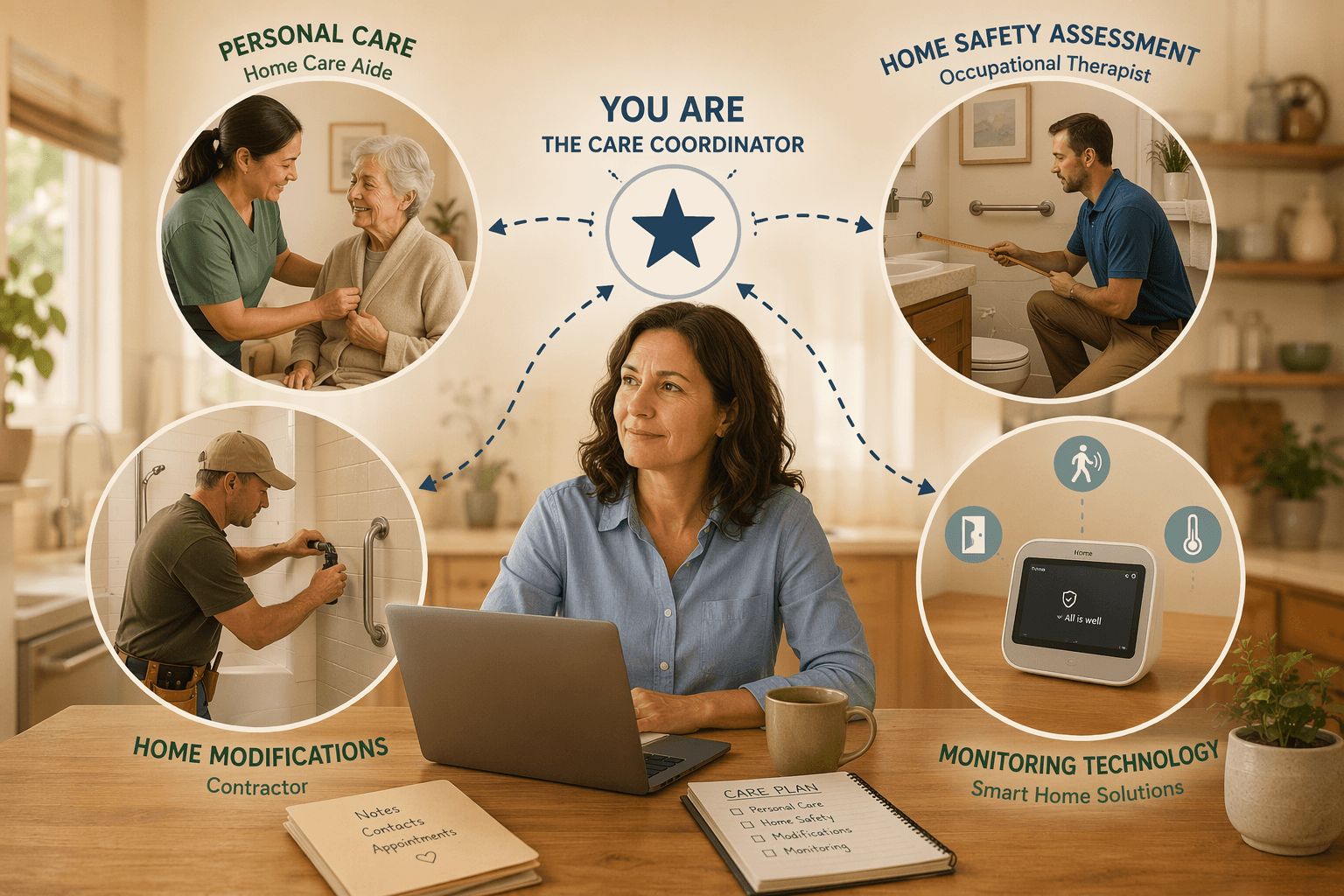 A family caregiver at a kitchen table with a laptop and notebook, surrounded by floating icons representing home care, occupational therapy, home modifications, and monitoring technology, with dashed lines connecting them to a central coordinator symbol.