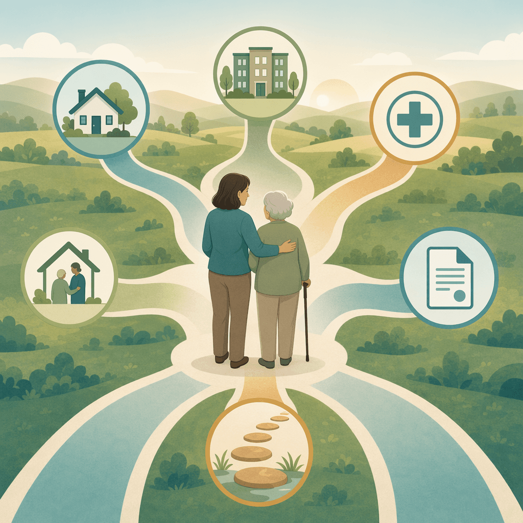 A clean editorial pathway map showing a family caregiver and elderly parent at a central decision point with six branching pathways each marked by a simple icon representing shared housing, HUD-subsidized apartments, PACE programs, adult family homes, HCBS waivers, and money-follows-the-person programs, rendered in warm teal, sage, and amber tones.