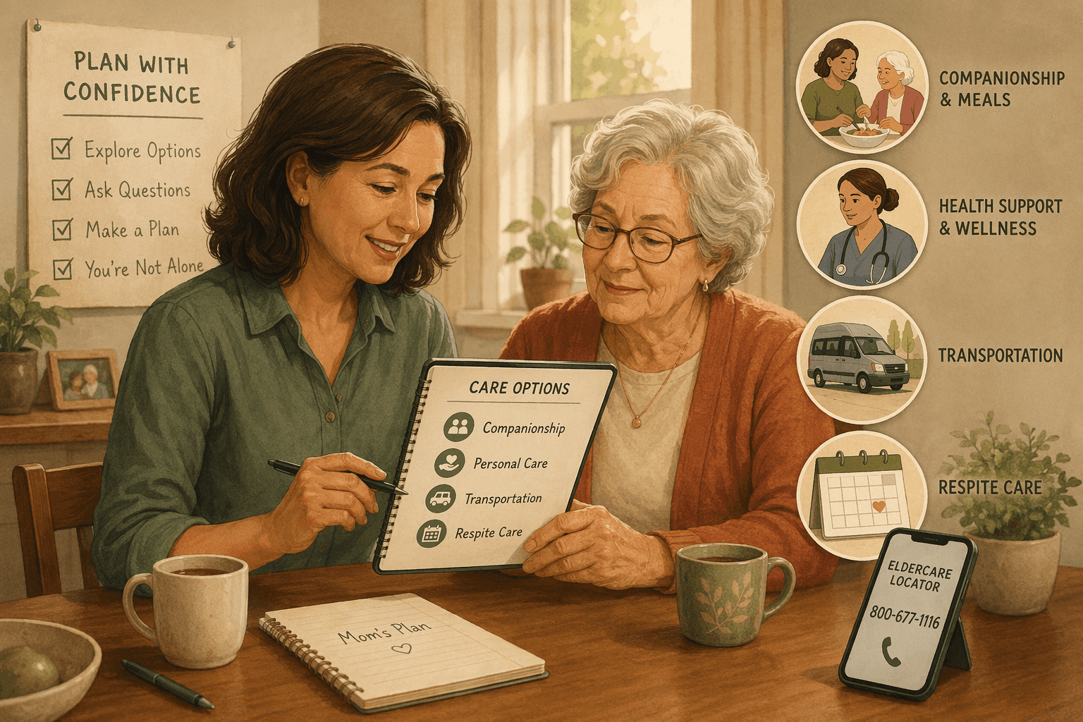 A middle-aged daughter and her elderly mother sit at a kitchen table reviewing a tablet labeled 'Care Options.' A checklist, a phone showing the Eldercare Locator number, and icons for meal assistance, nursing, transportation, and respite care are visible in the background.