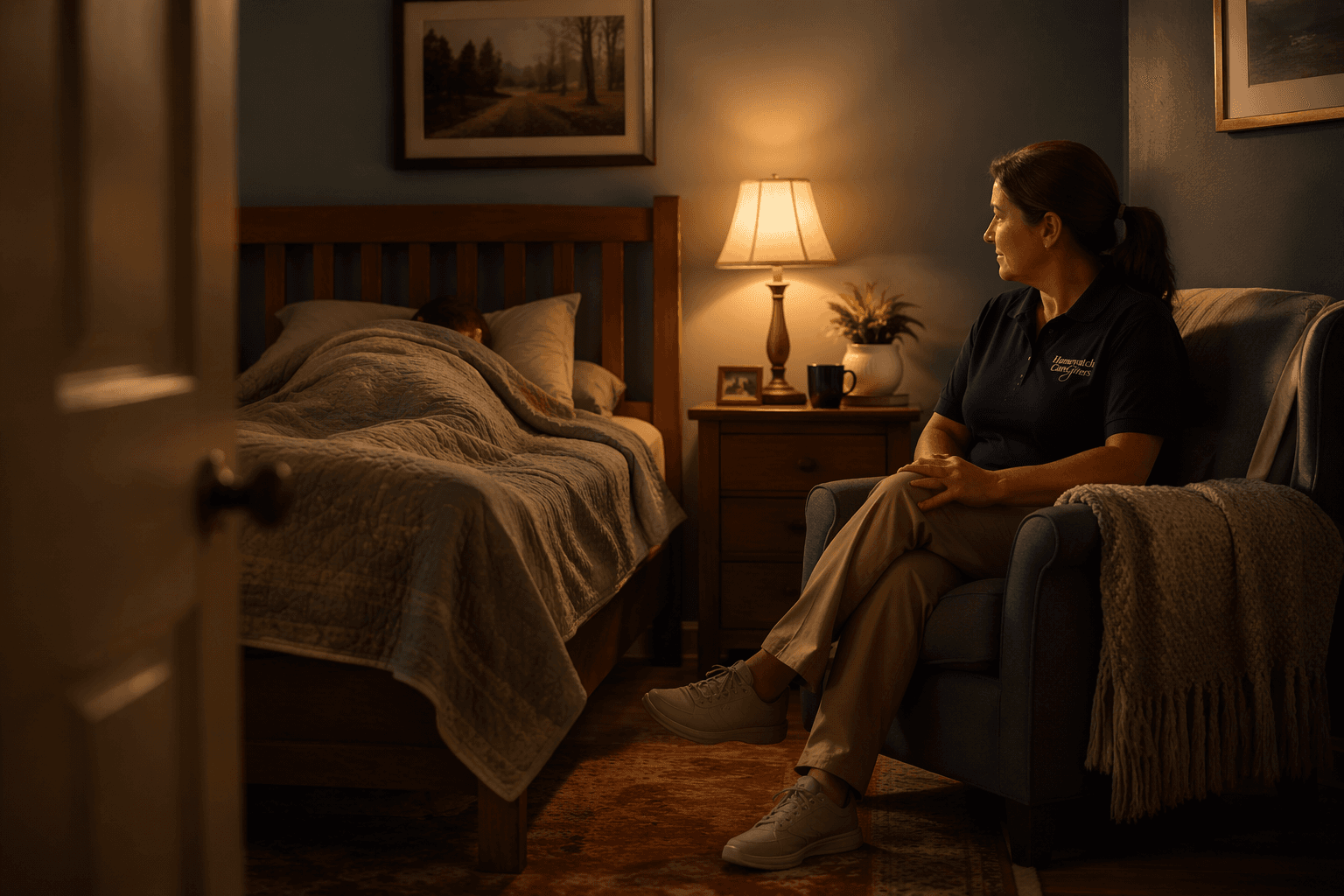 Doorway perspective of a softly-lit bedroom at night; an older adult sleeps under a blanket while a professional caregiver sits alert in a chair beside a warm amber lamp, conveying safety and peace.