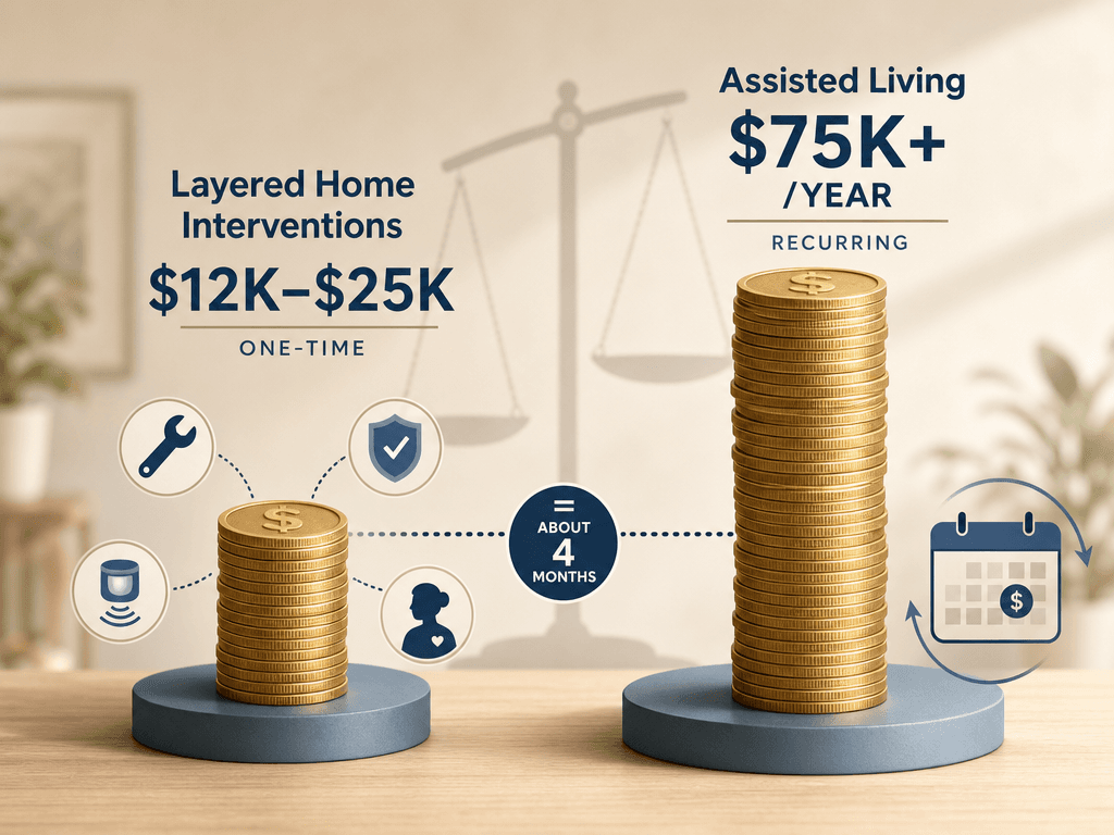 Cost comparison illustration showing a single coin stack for layered home interventions ($12K-$25K one-time) next to a much taller repetitive coin stack for assisted living ($75K+/year recurring), with a dotted line showing the left stack equals about 4 months of the right stack.