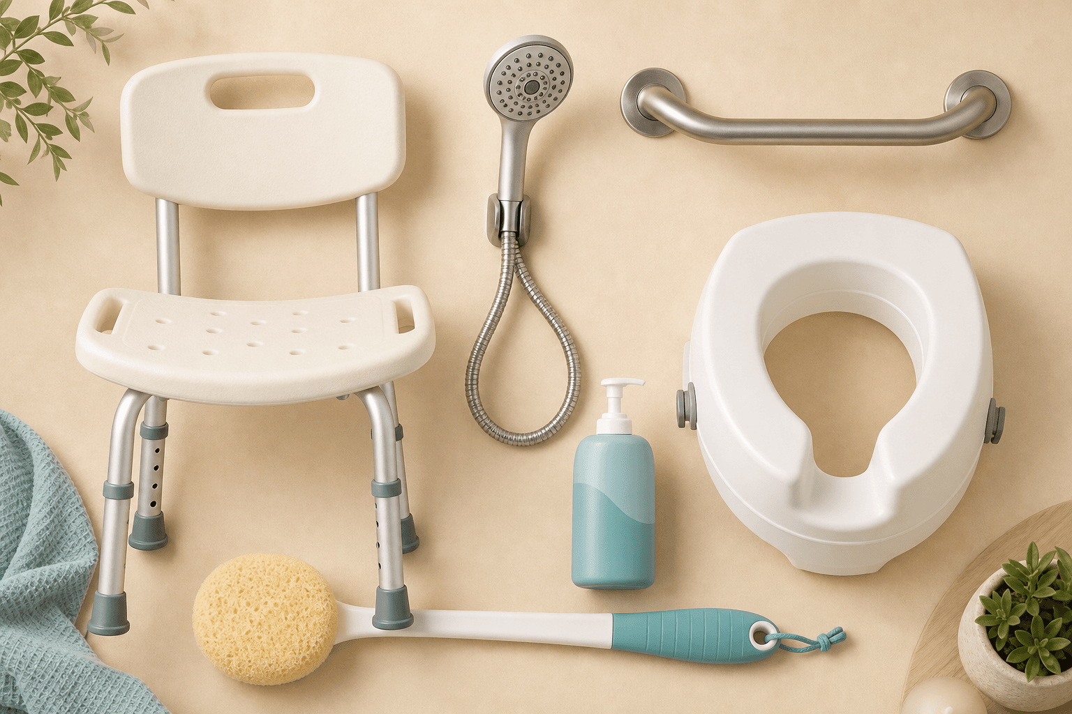 A flat-lay of senior bathing adaptive equipment including a shower chair, handheld showerhead, grab bar, raised toilet seat, no-rinse body wash, and a long-handled bath sponge on a neutral background.