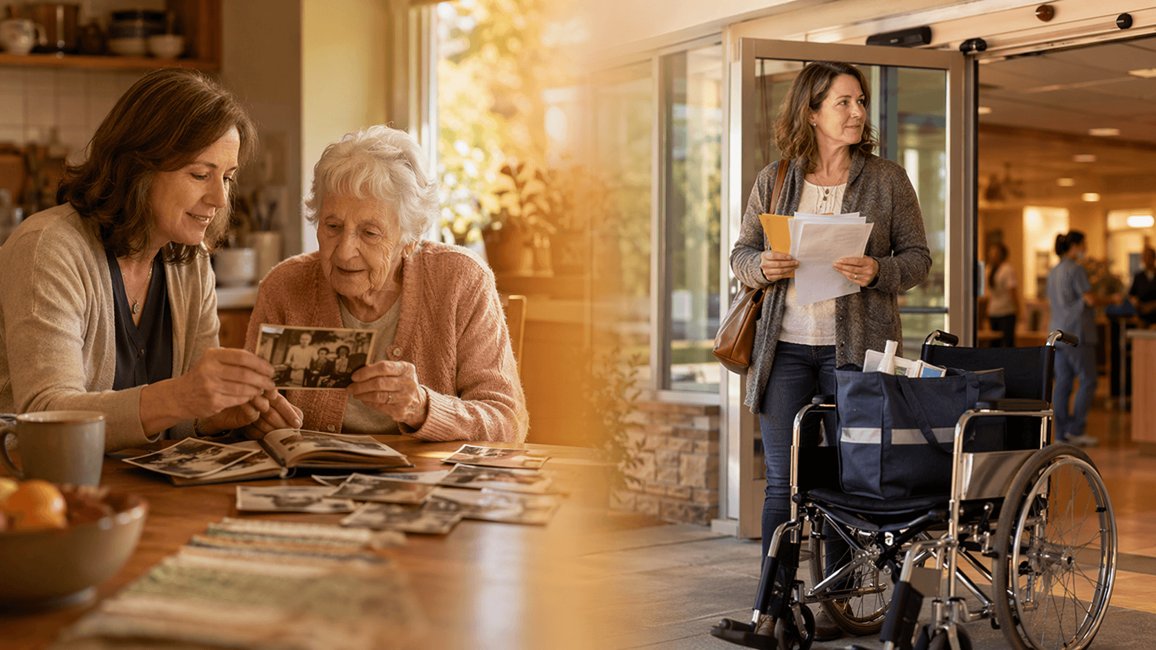 Split-composition editorial photograph: left side shows a sunlit home kitchen where a female caregiver sits with an elderly woman with white hair, looking through old photographs together on a wooden table; right side shows a hospital entrance scene with a wheelchair near glass doors, an adult child holding discharge papers and a checklist, and a home health bag on the wheelchair, the two scenes connected by a soft warm gradient bridge suggesting continuity from hospital to home.