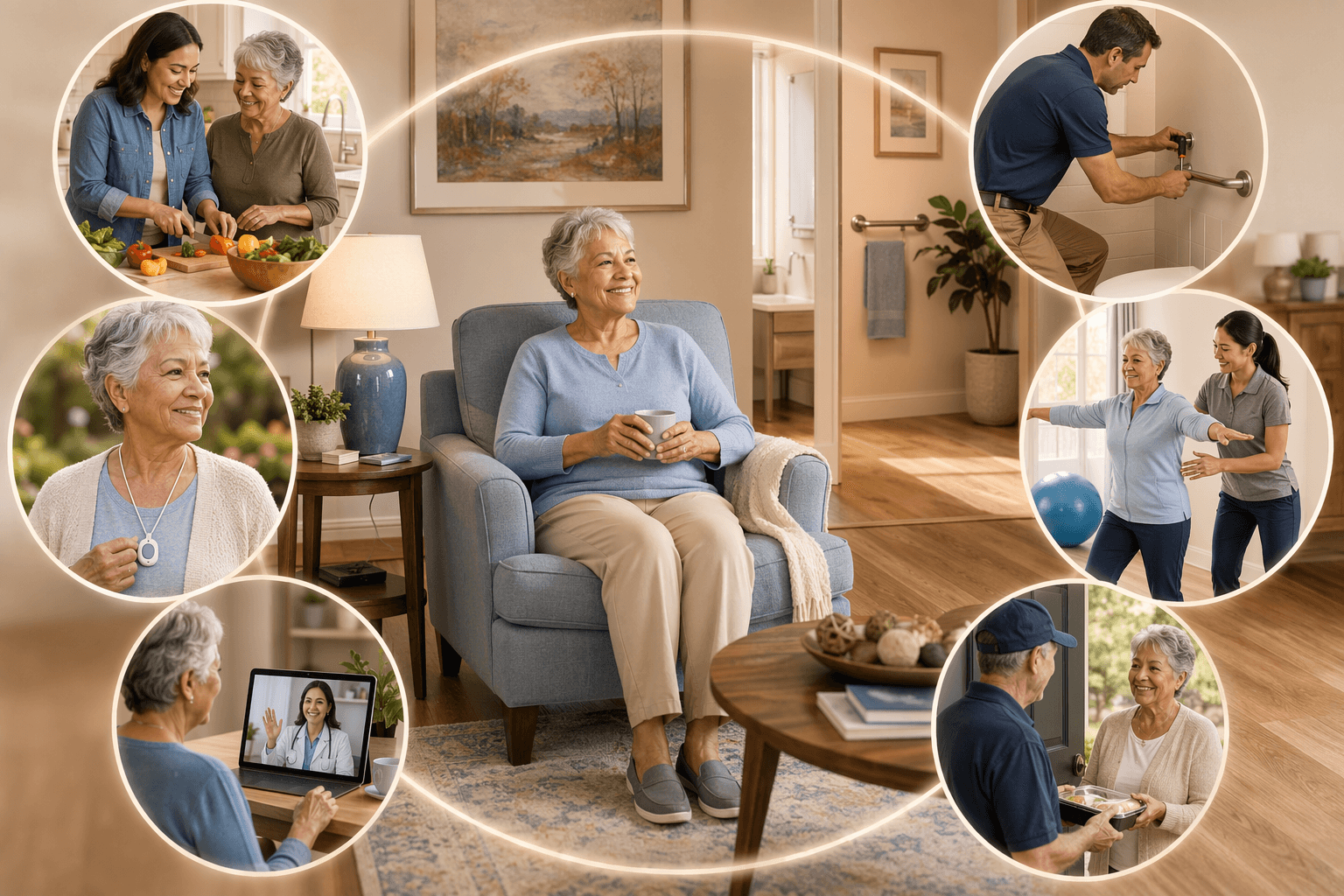 An older adult seated in a bright, accessible living room surrounded by circular vignettes showing a caregiver assisting, a handyman installing a grab bar, a medical alert pendant, a physical therapist guiding balance exercises, a telehealth screen, and a Meals on Wheels delivery.