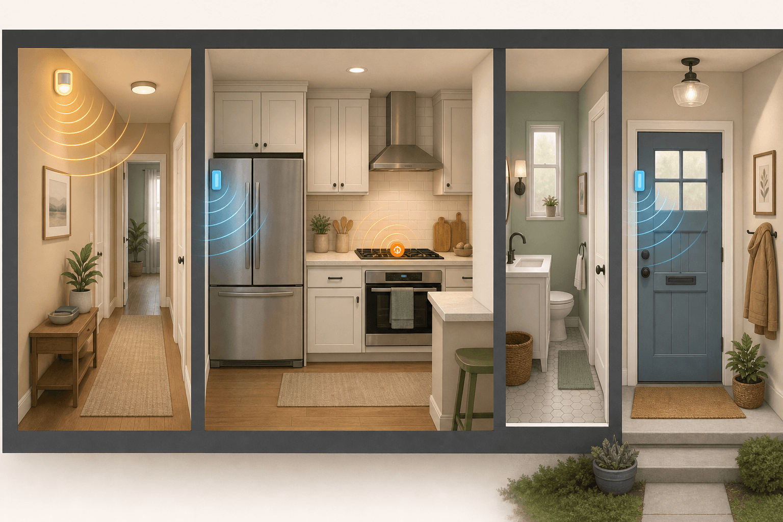 A simplified home floor plan illustration showing PIR motion sensors, door contact sensors, and stove sensors placed in their recommended locations across a hallway, kitchen, bathroom, and front door area.