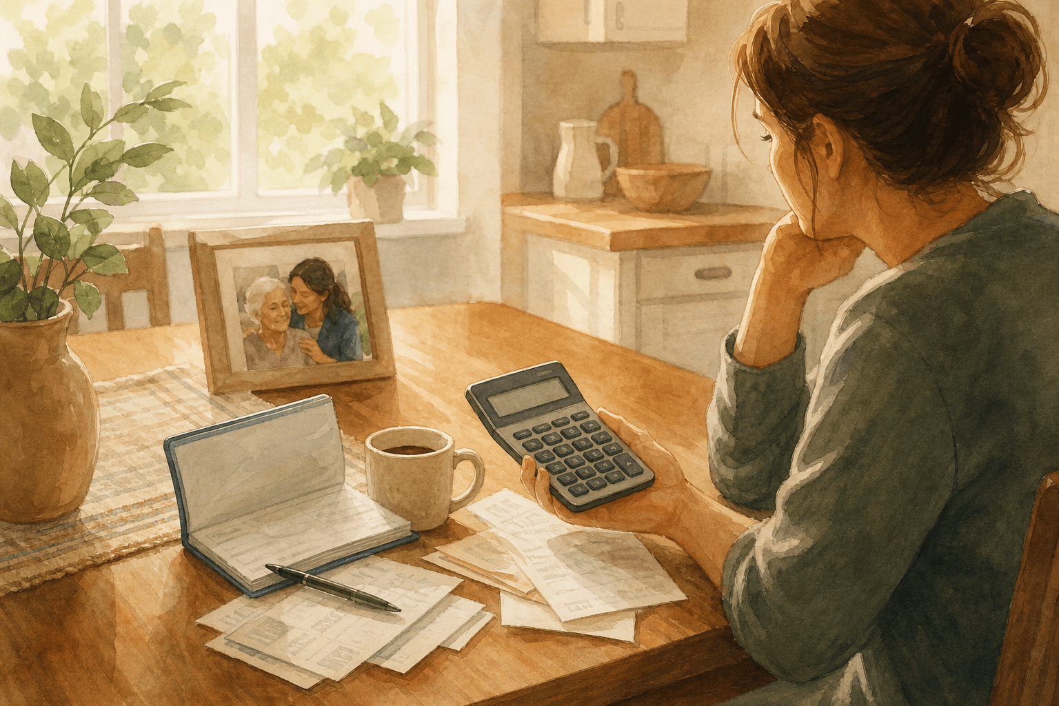 A kitchen table scene with an open checkbook, scattered bills, a coffee cup, and a hand holding a calculator, conveying the financial reality of caregiving.