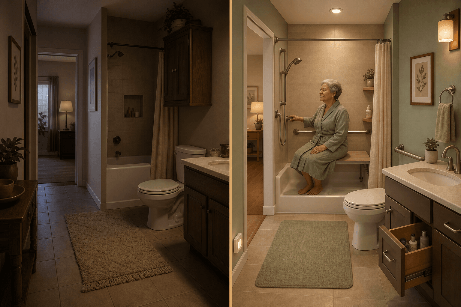 Split-screen illustration of a home bathroom and hallway showing before conditions with hazards and after modifications with grab bars, non-slip mat, motion-sensor night-light, and lever-handle faucet.