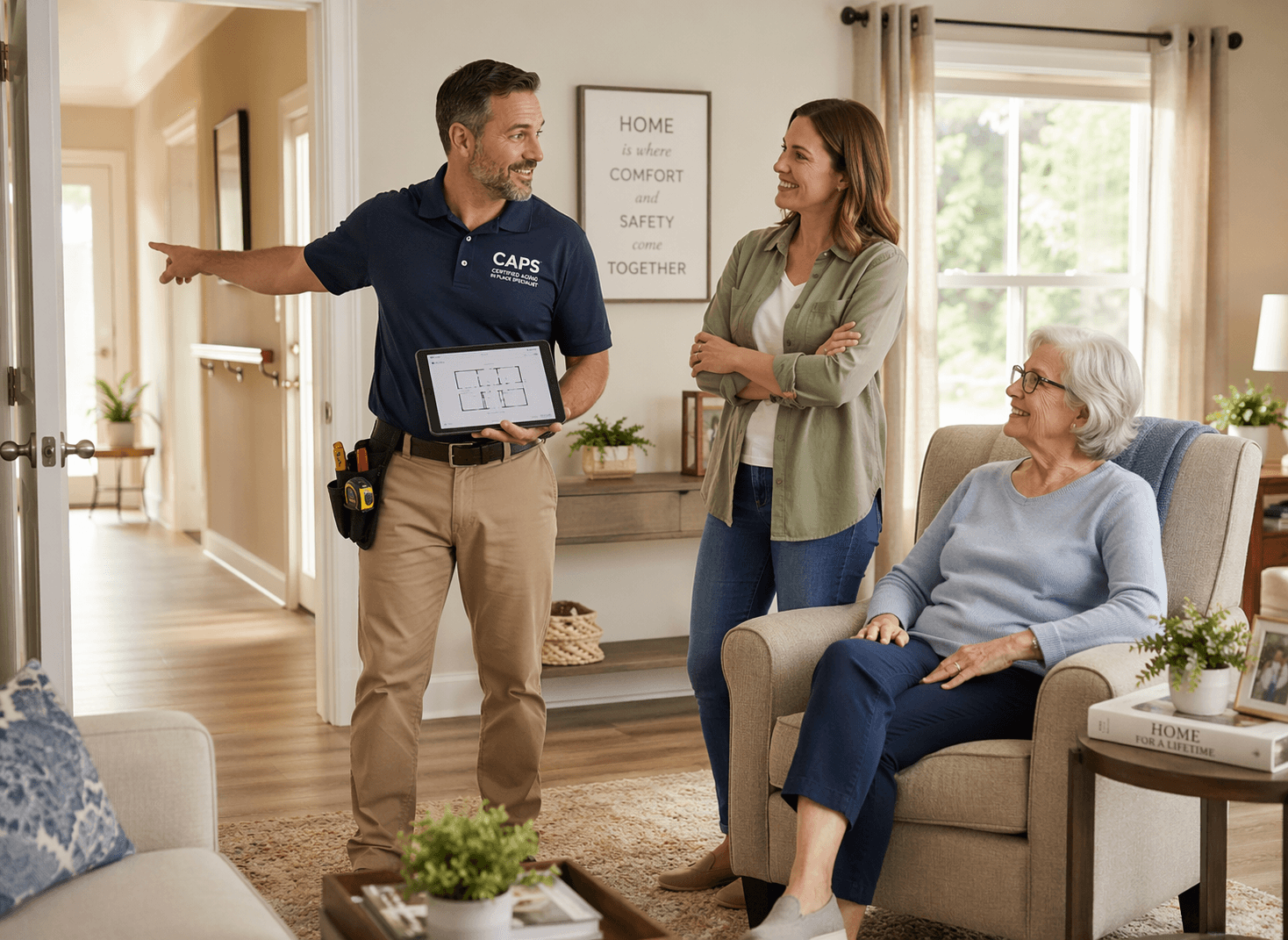 A CAPS professional wearing a work polo and tool belt stands in a bright living room, pointing toward a hallway while holding a tablet displaying a home floor plan. An elderly parent sits comfortably in an armchair while an adult daughter stands nearby looking engaged. The room features a wide doorway, lever-style door handle, and non-slip flooring.