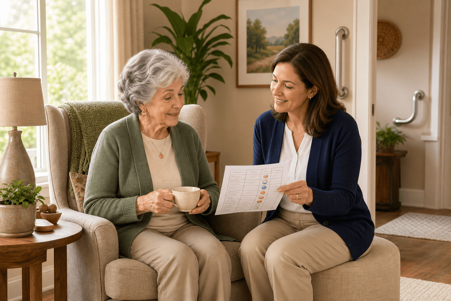 An older adult woman sits in an armchair by a sunlit window holding a cup of tea while a female caregiver reviews documents with her; grab bars are visible in the background.