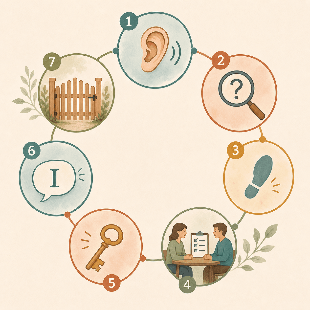 A circular 7-step flow diagram with small numbered icons: an ear for listening, a magnifying glass for understanding, a footprint for small steps, a shared table for involving decisions, a key for independence, a speech bubble with 'I' highlighted, and a gate for boundaries. Warm earth tones and teal.