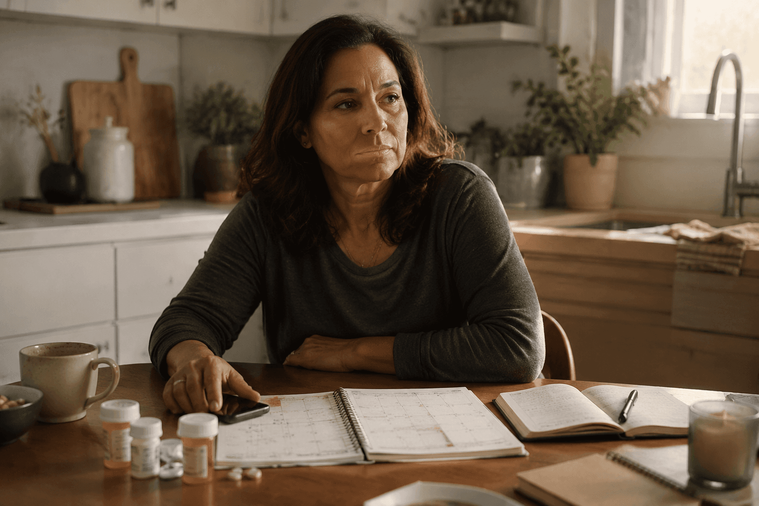 A tired middle-aged woman seated at a kitchen table with a phone, calendar, pill bottles, coffee cup, and notebook