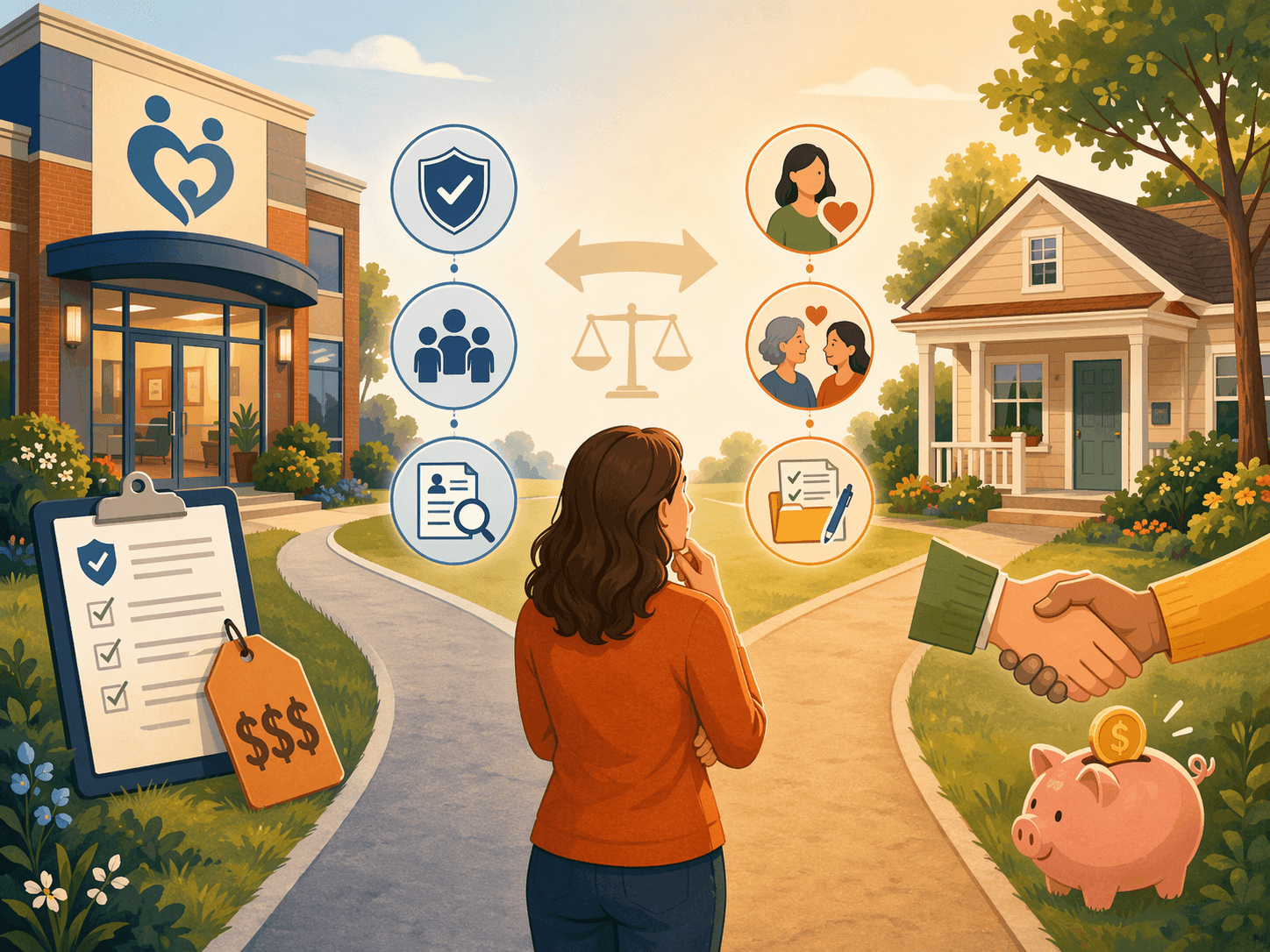 An illustration showing two paths from a family caregiver: one toward agency hiring with higher cost and built-in protections, the other toward independent hiring with savings and direct relationship.