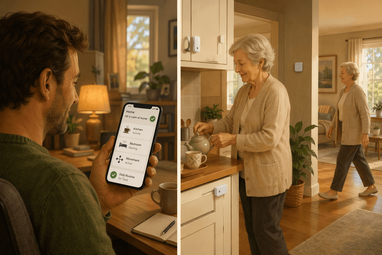 A warm split-scene editorial illustration showing an adult child in a home office looking at a smartphone dashboard with subtle daily-rhythm icons while an older adult in their own home makes tea, with discreet white sensors visible on a wall and cabinet.