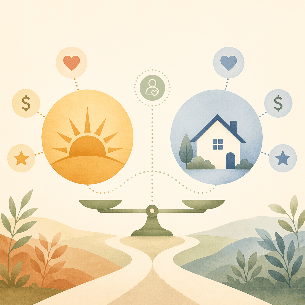 A balanced editorial illustration on a warm cream background: a golden circle with a sun motif on the left and a soft blue circle with a home icon on the right, connected by a dotted pathway. Small floating icons around both circles represent care quality, cost, and reputation.