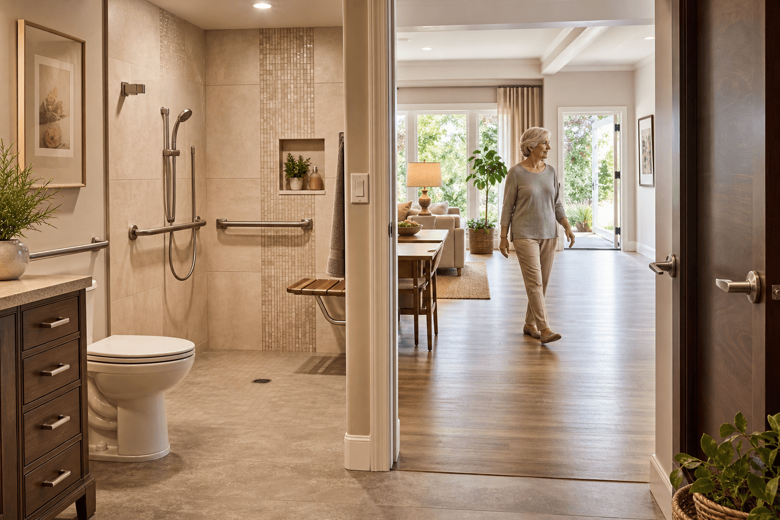Split-view interior of an accessible home: left side shows a modern curbless shower with brushed nickel grab bars and comfort-height toilet; right side shows an open living area with wide doorways and lever handles.