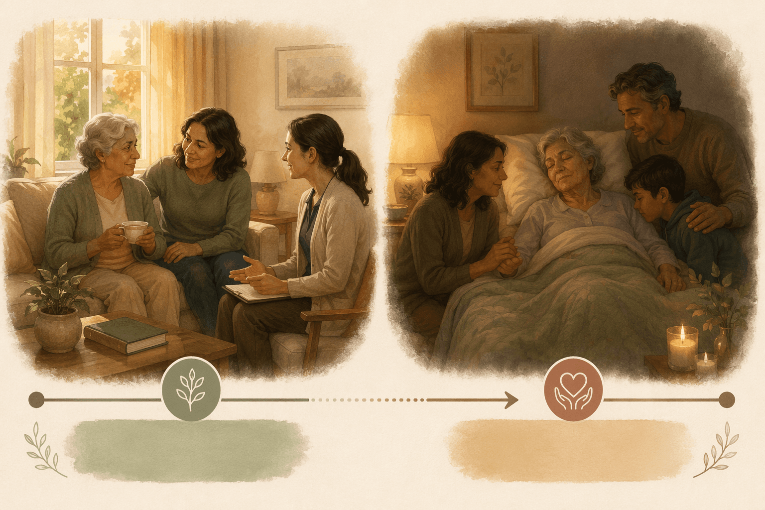 A warm editorial illustration with two home scenes connected by a horizontal timeline arrow. On the left, an older adult and family member sit in a bright living room with a healthcare professional, tea and books nearby, soft sunlight through a window. On the right, the same senior rests in a cozy bedroom with family members gathered close in soft lamplight. The scenes use warm earth tones and natural light with no medical equipment visible.